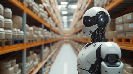 Fototapeta premium Robot in the warehouse, artificial intelligence, supply chain future, data, tech. Generative AI.
