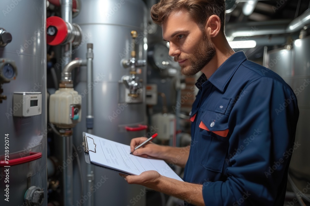 Aufkleber a professional plumber servicing a boiler and writing on a clipboard. generative ai.