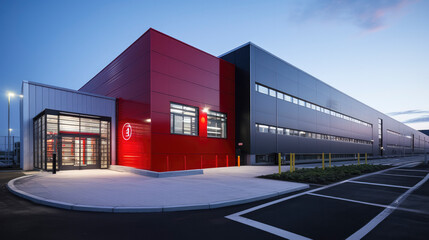 Obraz premium Modern distribution center exemplifying contemporary industrial architecture. The sprawling facility enables efficient supply chain management, blending seamlessly into the urban landscape