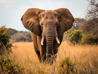 Elephant in the savannah against a dramatic sunset.