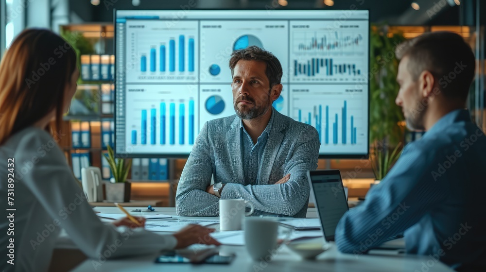 Poster businessman and team meeting in modern office, with data of financial graphs and statistic. generati