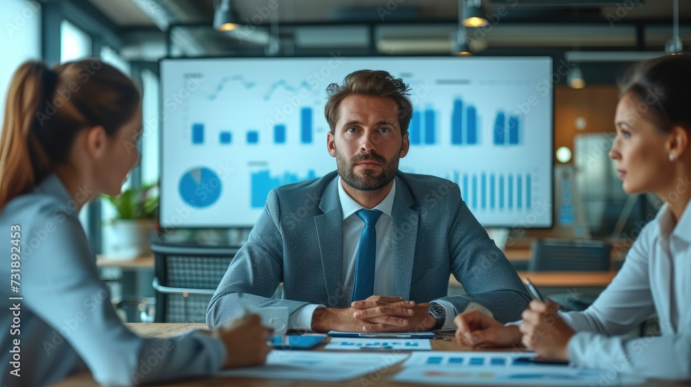 Poster businessman and team meeting in modern office, with data of financial graphs and statistic. generati
