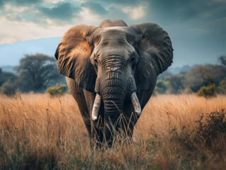 Fototapeta na wymiar Dramatic shot of elephant in the savannah against a dramatic sunset.
