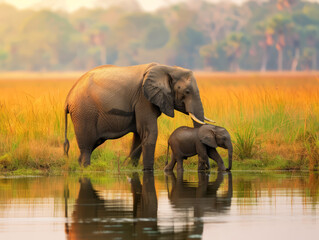 Fototapeta na wymiar Mother elephant and calf bonding by water.