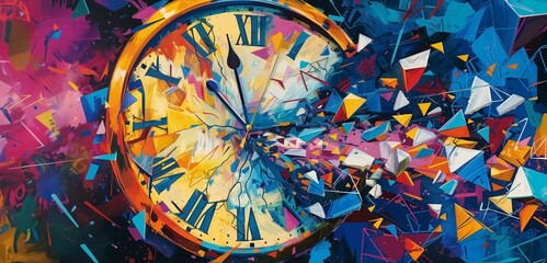 Abstract clock neo-pop culture exploding into fragments