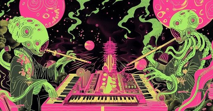 Alien musicians smoking and jamming black light poster