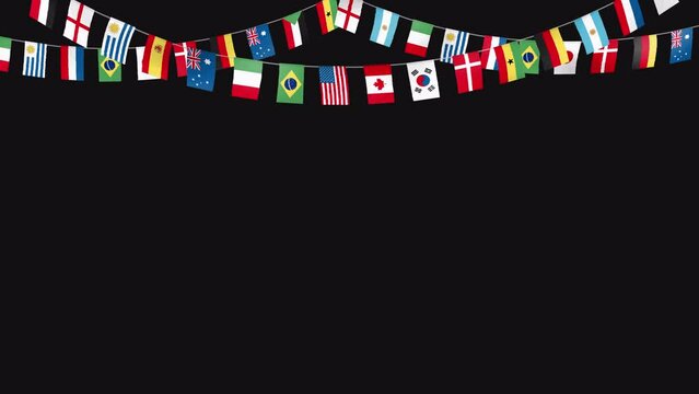 International football party flags animation with various countries_3 strings festive decoration_looped with an alpha channel
