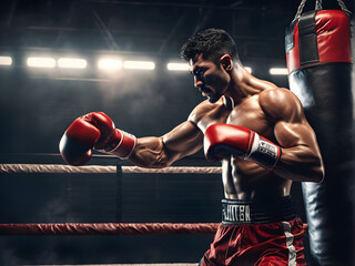 Unleashing the Fury: Fighter's Intense Training Session in the Gritty Shadows of a Dark Sports Hall. boxing training. generative AI