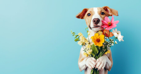 The dog holds a bouquet of flowers in its paws on a uniform background.