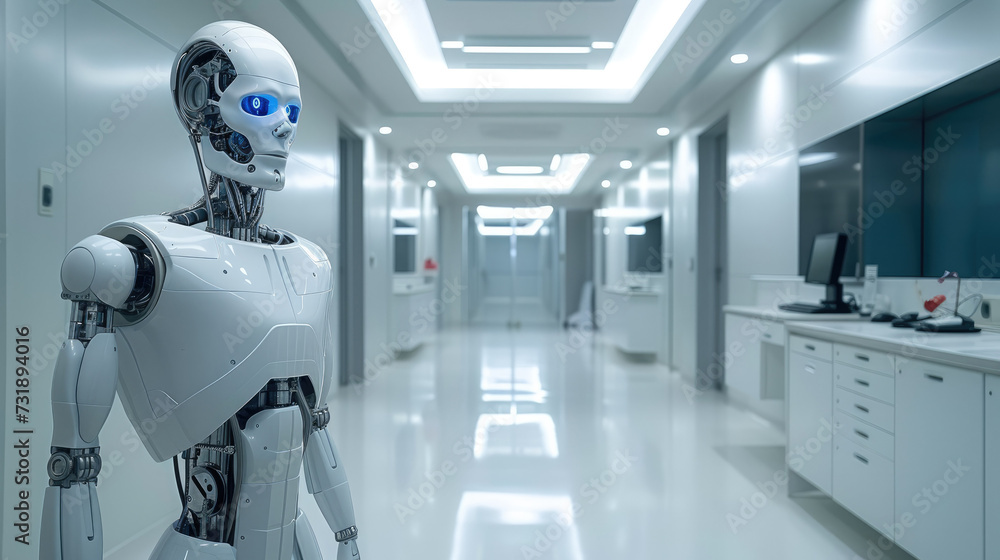 Poster a robot doctor in clinic, robotic doctor is the future of medicine. artificial intelligence modern t