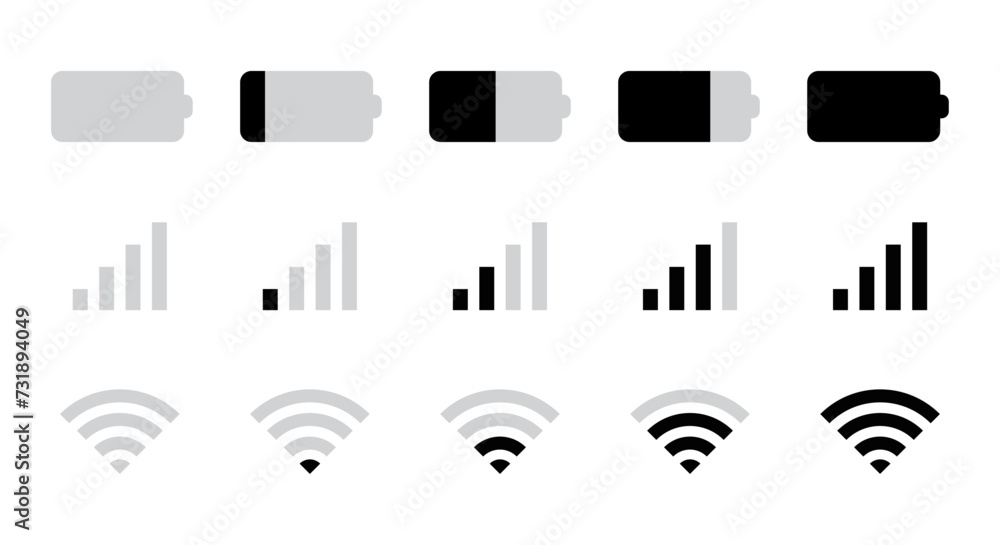 Poster battery, mobile network signal and wi-fi icon set in landscape modern style for user interface desig