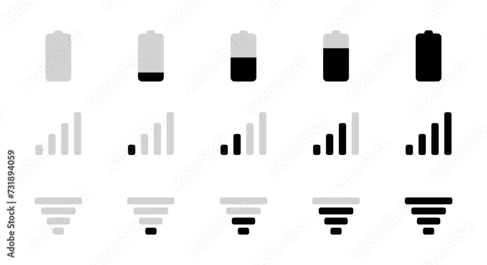 Poster battery, mobile network signal and wi-fi icon set in vertical modern style for user interface design