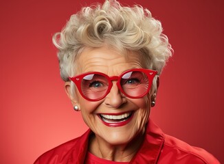 smiling grandmother with red glasses on red background. older woman with gray hair