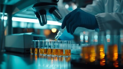 A researcher conducts an experiment using a pipette and test tubes in a modern scientific laboratory, scientist pipetting sample in laboratory research.