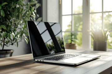 Laptop with blank black screen on desk in room near window with plants and sunlight in background
