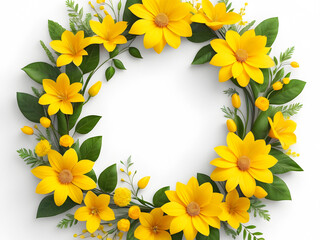 Sunny Serenity: Vibrant Yellow Flower Wreath on White Background. generative AI