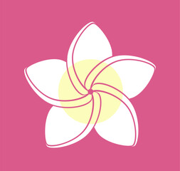 Plumeria. White silhouette of tropical flower isolated on pink background, vector illustration. Logo, sticker, decorative element.