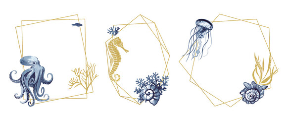 Set of frames with a golden texture and watercolor indigo marine animals on a transparent background. Invitations, sea-themed postcards with seahorse, jellyfish, algae, shells and corals