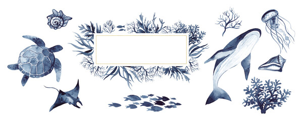A banner with watercolor algae, corals, shells and indigo fish on a transparent background. A clipart with a turtle, a whale, a jellyfish, shells, a stingray.