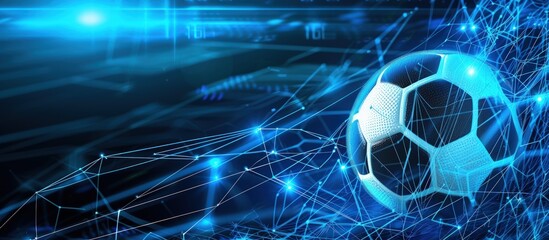 Soccer ball with digital technology network on neon color background. AI generated image - obrazy, fototapety, plakaty