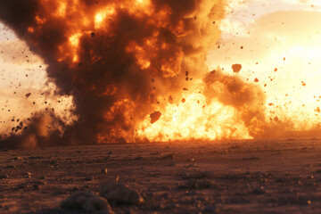 Fiery explosion or bomb explosion with flames in the field, war motif
 - obrazy, fototapety, plakaty