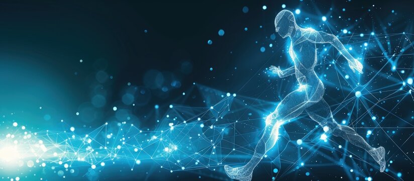 Human running man athlete with digital wireframe neon light background. AI generated image