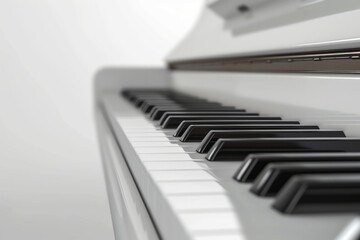 White piano keys on white background close up view
