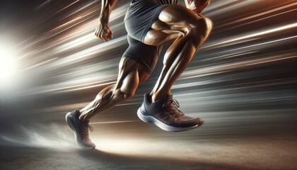 Runner's legs move fast, showing strong muscles and eco shoes. Muscles show strength, runner moves quick.