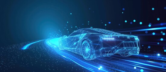 Futuristic digital wireframe of car concept with blue background. AI generated image