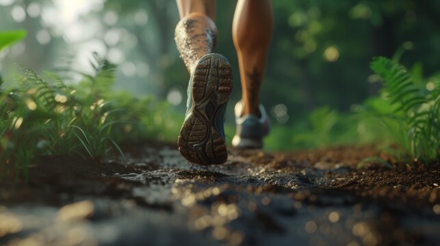 Runner's legs show strong motion on a green trail, wearing eco-shoes. Muscles in the runner's legs tense as they touch the green path.