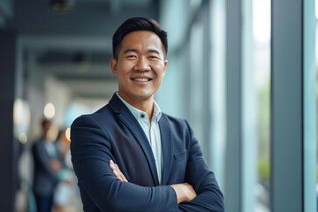 Portrait of a smiling Asian beauty businessman wearing a suit posing in the office in front of the camera
