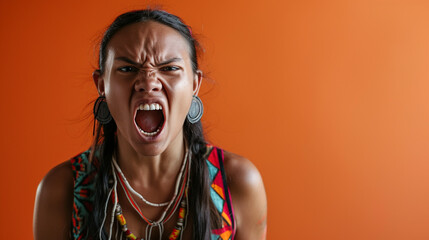 Fire Within: Aboriginal Australian Woman Exuding Anger and Frustration, Isolated Against Solid Background with Copy Space