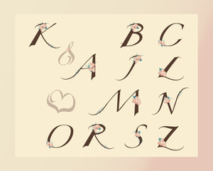 Floral alphabet, set of hand drawn letters for wedding invitations