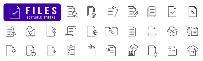Files and documents line icon set. Page, print, list, download, copy etc. Editable stroke