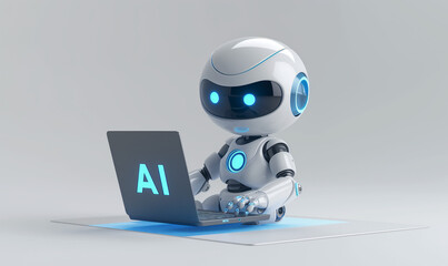 Cute AI robot 3D Rendered Illustration of Robotic Working on Laptop Automation on white Background isolated