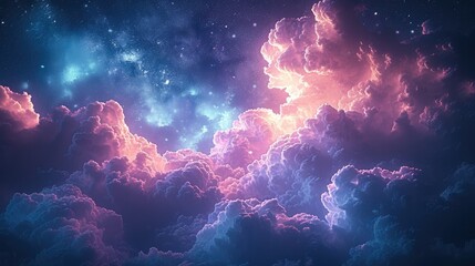A serene night sky filled with delicate, wispy clouds tinted in shades of purple and pink, scattered across the vast expanse. Generative AI.