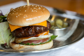 View of a big hamburger with vegetables on the plate