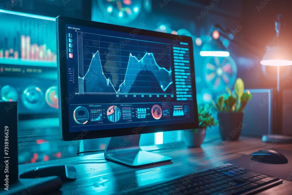 Poster computer screen displaying an upward trend, representing digital progress.