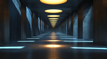 Contemporary architecture of a corridor with stylish overhead lighting and a dark, reflective floor.
