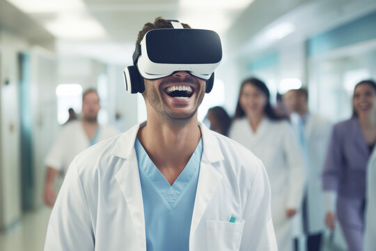 A doctor or nurse healthcare worker wearing VR virtual reality headsets in a hospital