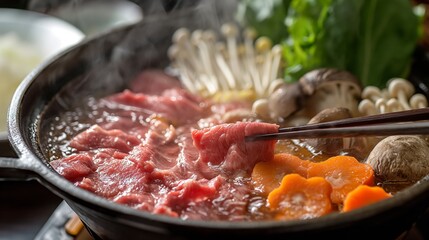 Steaming Japanese Shabu Shabu hot pot with slices of meat and assorted vegetables.