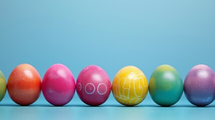 Vibrant Easter eggs arranged in a row against a bright blue background.