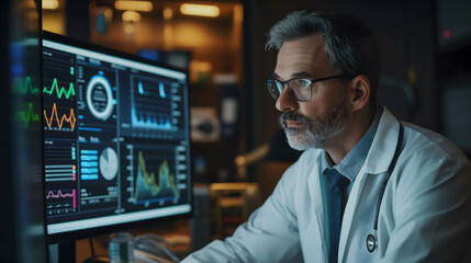 The doctor looking monitor show business data or financial and company information