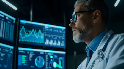 The doctor looking monitor show business data or financial and company information
