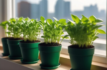 Green seedlings in black pots on the windowsill against the background of the city. Concept gardening.
