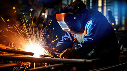 close up of skilled welded working at engineers bench,  surrounded by sparks and industrial workshop
