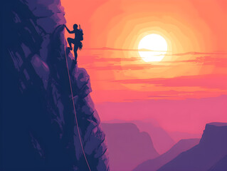 Obraz na płótnie Canvas Dramatic Sunset Rock Climbing Adventure: Silhouetted Climber Against Vivid Purple Sky - Concept of Perseverance and Conquering Challenges