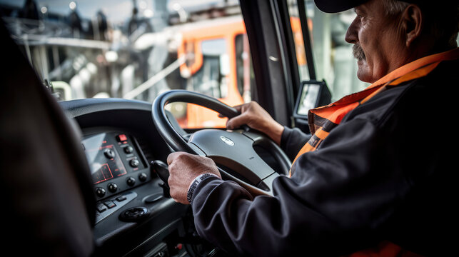 Truck driver in his cab driving. Close-up of a lorry driver navigating the highway. Professional driver in the truck's cabin, conveying the essence of the transportation industry.