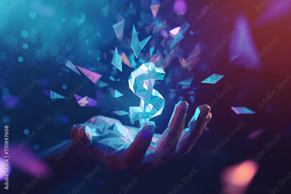 Poster digital image of a hand with a floating dollar symbol surrounded on a dark blue background.