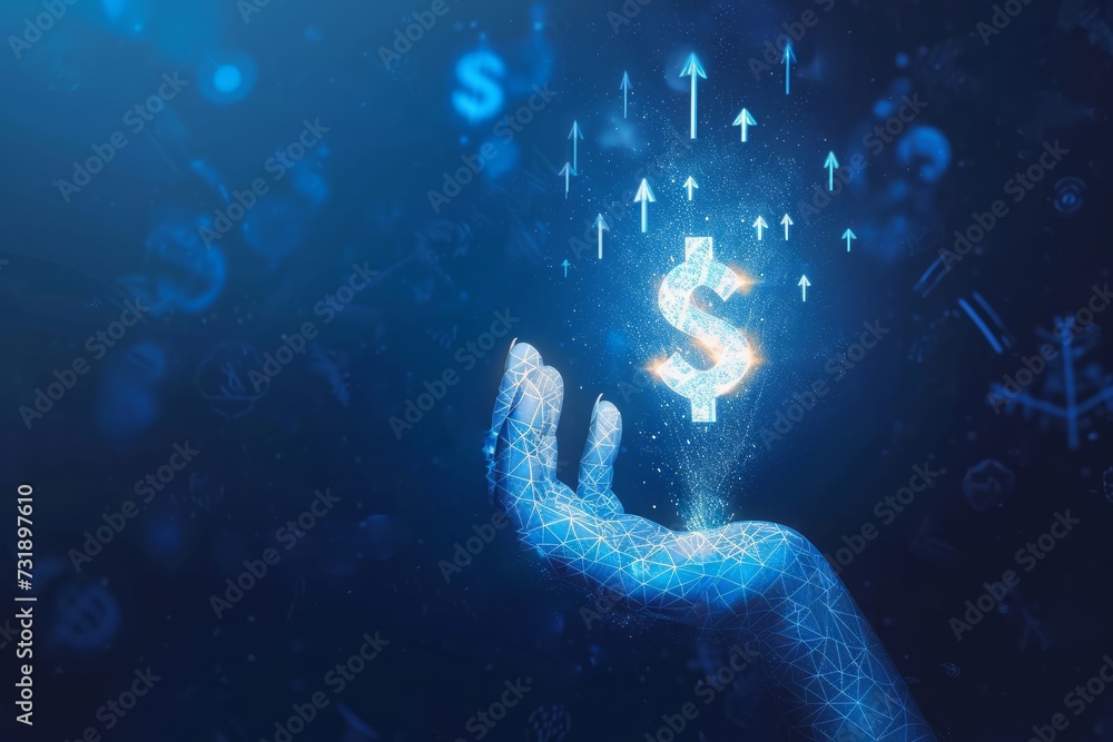 Poster digital image of a hand with a floating dollar symbol surrounded on a dark blue background.